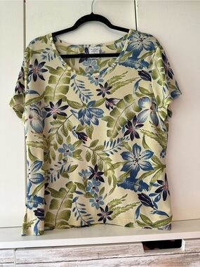 🌺 Westbound Stretch Floral Short Sleeve Top Large Blue Green Tropical Print